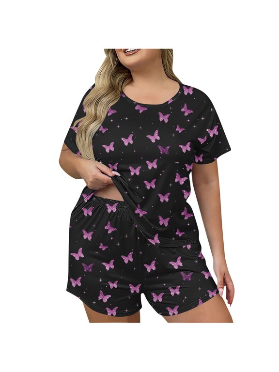 Womens Sleepwear 2 Piece Short Sleeves Cozy Pajama Set with Pocket Lightweight Matching Set Print Classic Nightwear