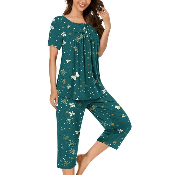 Cavosen Womens Sleepwear Capri Sets with Pocket Button 2 Piece Pajamas Sets Short Sleeve Sleepshirts Nightwear Pleated Homewear Lightweight Baggy Pjs Loungewear Fall Winter Clothes