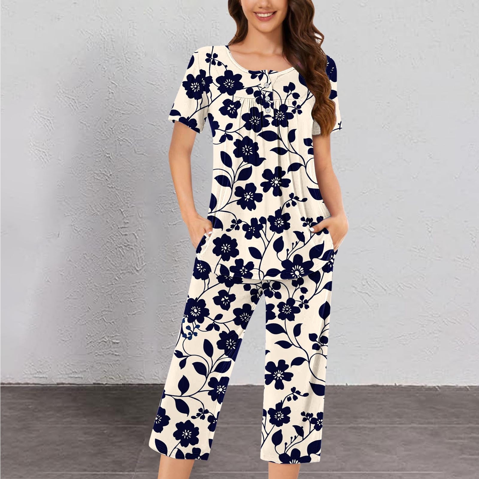 Womens Sleepwear Capri Sets with Pocket Button 2 Piece Pajamas Sets Short Sleeve Tops Pjs Pleated Nightwear Lightweight Comfy Homewear Lounge Set Fall Winter Clothes