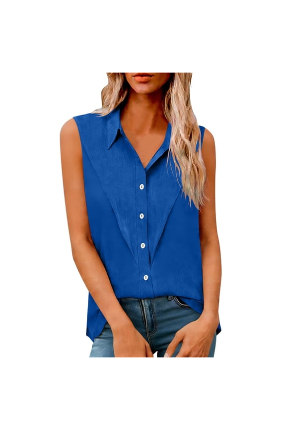 Womens Sleeveless Button down Shirts Linen Lapel Shirts Lightweight Blouse Breathable Vacation Tops