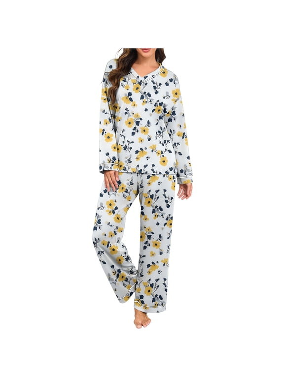 Womens Soft Pajamas Long Sleeve Cute V Neck Shirt Wide Leg Pants Graphic Lightweight Comfy Sleepwear White 3XL