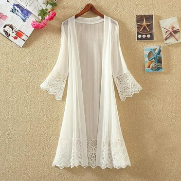 Cavosen Womens Summer Cardigans Long White Lace Long Sleeve Sweater Cardigan Solid Color Open Front Cover up Rashguard Cheer Hollow Out Duster Outwear Lightweight Plus Size L