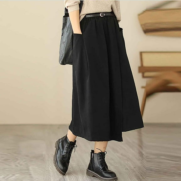 Cavosen Womens Summer Skirts Mid Length Calf Length A-Line Skirts Flowy Buckle Swing Skirts Solid Color Pencil Skirts Waistband Belt Swing Dress Athletic Beachwear Resortwear Black