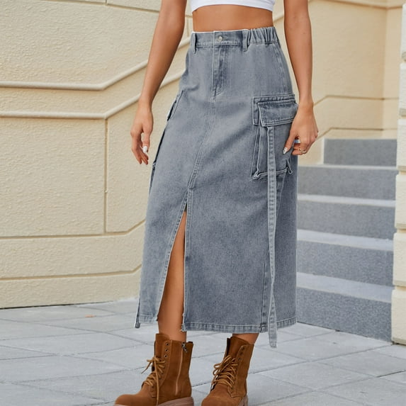 Cavosen Womens Skirts Knee Length Summer Midi Calf Length Jean Skirts Denim Front Split Workwear Elastic Waist Solid Color Summer Skirts Dress Button Zipper with Pocket Blue 2XL