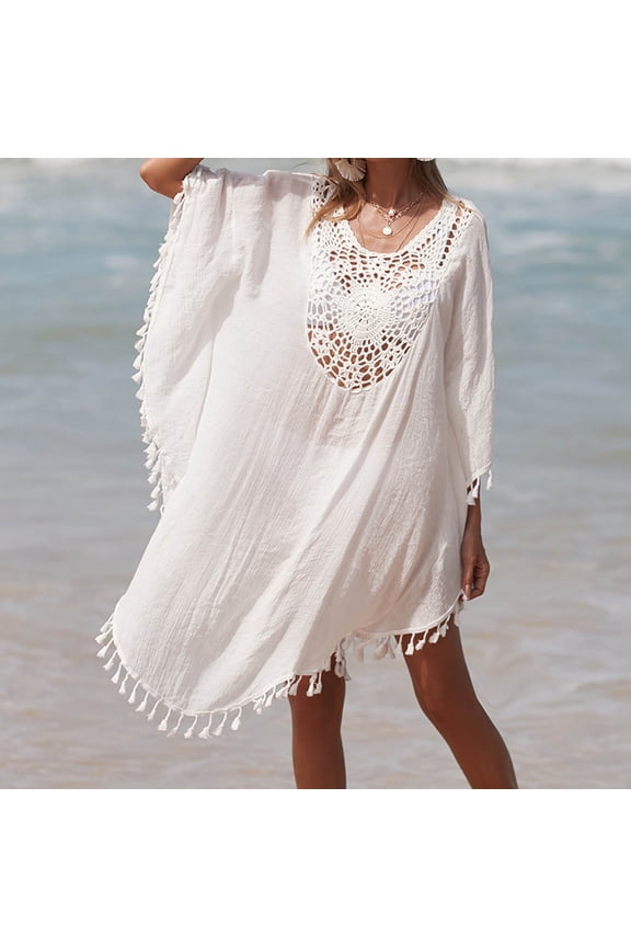 Womens Swim Cover Ups Long Hollow Out Dress Bikinis Swimsuit Kaftan Tassel Hem Long Sleeve Crewneck Sheer Breathable Sunscreen Long Swimwear Kimono Solid Bathing Suit