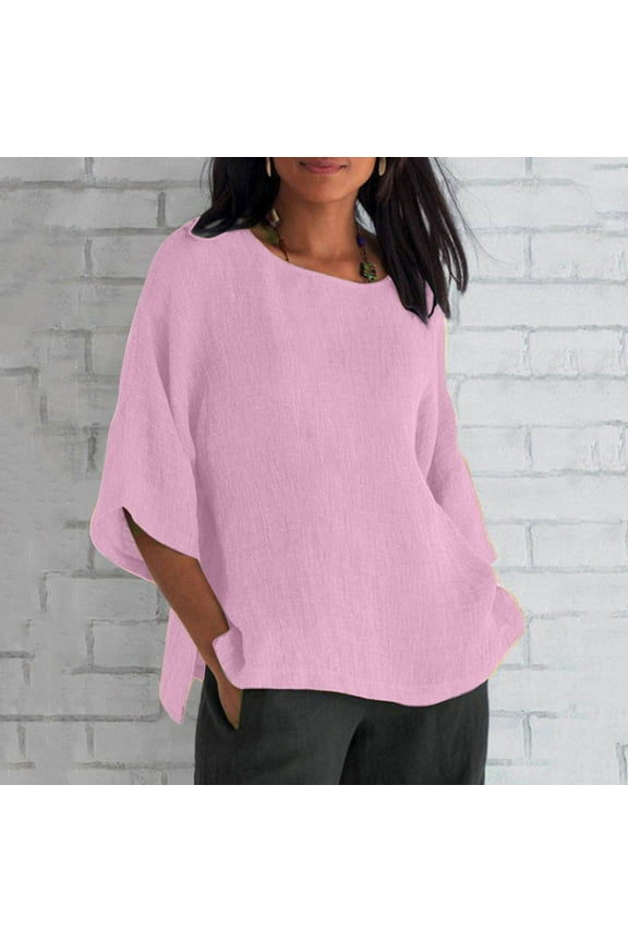Womens T Shirts 3/4 Sleeve Summer Crewneck Pullover Tees Solid Color Side Split Tops Novelty Tunic Shirts Dressy T Shirt Blouses Casual Leisure Regular Fit Pink 2XL