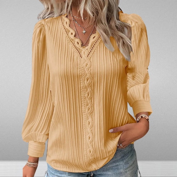 Cavosen Womens T Shirts Long Sleeve Pullover Tunic Shirts V-Neck Solid Color Blouse Dressy Flowy Loose Fit Tees Cuffed Patchwork Wave Textured Fabric Tops Trendy Yellow S