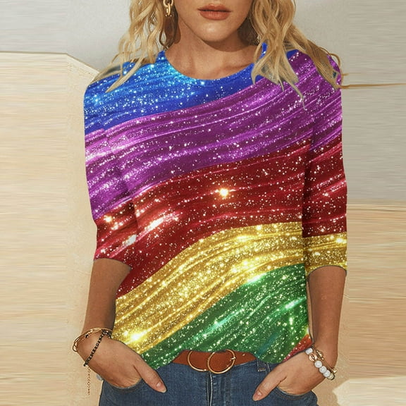 Cavosen Womens Tops 3/4 Length Sleeve Glitter Sparkly Print Pullover Blouse Crewneck Shiny Shirts Gradient Party Tees Trendy Casual Dressy Elegant Evening T-Shirts Holiday 5XL