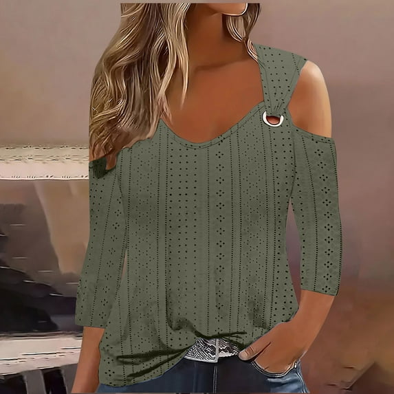 Cavosen Womens Tops 3/4 Sleeve V Neck Cold Shoulder Pullover Tops Comfort Solid Color Shirts Dressy Flowy Loose Fit Blouse Eyelet Ring Tees Stylish Resortwear Fall Green 2XL