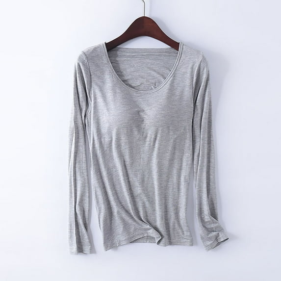 Cavosen Womens Tops with Built in Bra Padded Modal Cotton Solid Color Soft Shirts Long Sleeve Crewneck Pajama Blouse No Rims Tops Basic Comfy Fall Winter Clothes Gray 4XL