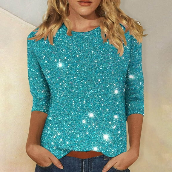Cavosen Womens Tops Casual 3/4 Sleeve Glitter Sparkly Print Pullover Blouse Crewneck Shiny Shirts Solid Color Party Tees Fashion Dressy Elegant Evening T-Shirts Holiday L