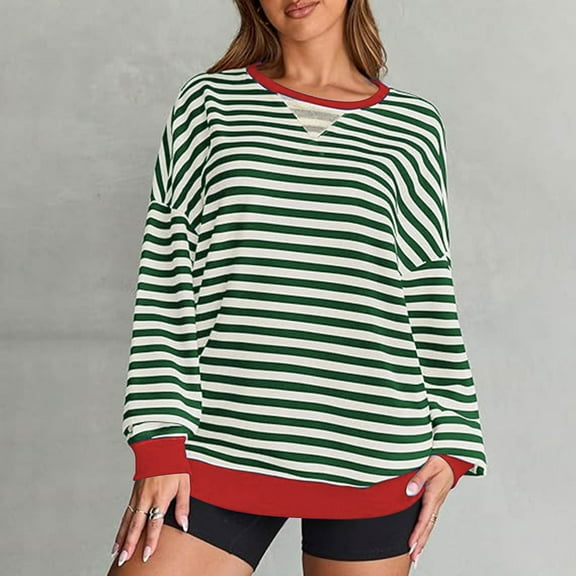 Cavosen Womens Tops Long Sleeve Casual Drop Shoulder Sleeve Pullover Blouse Tunic Round Neck Striped Soft Tops Boyfriend Vacation Shirts Novelty Loose T-Shirts Going out Green 2XL