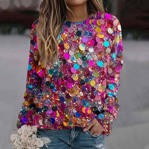 Cavosen Womens Tops Long Sleeve Casual Glitter Sparkly Print Pullover Sweatshirts Blouse Round Neck Shiny Shirts Party Tshirts Stylish Dressy Elegant Evening Tees Holiday M
