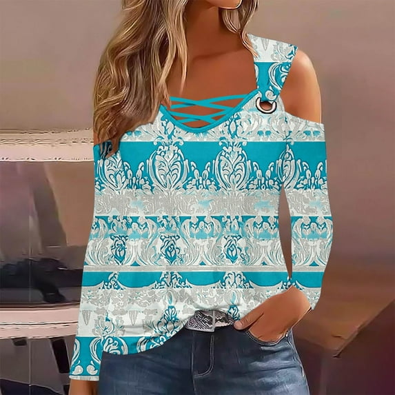 Cavosen Womens Tops Long Sleeve Casual Off Shoulder Sleeve Pullover Shirts V Neck Floral Print Soft Tops Criss Cross Vacation Blouse Novelty Loose T-Shirts Athletic Beach Tees Blue S