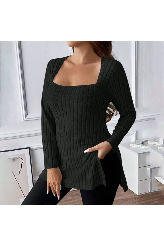 Womens Tops Long Sleeve Knit Oversized Pullover Blouse Tunic Square Neck Solid Soft Shirts Side Split Vacation Tops Trendy Dressy T-Shirts Athletic Resort Tees Black XL