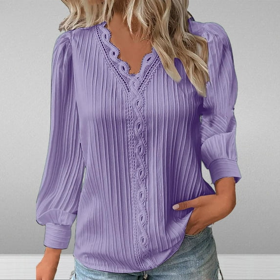 Cavosen Womens Tops Long Sleeve Pullover Tunic Shirts V-Neck Casual Plain Blouse Dressy Flowy Loose Fit Tees Cuffed Patchwork Wave Textured Fabric Tops Fashion Fall Purple S