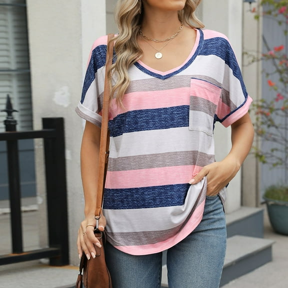 Cavosen Womens Tops Short Sleeve Loose Fit Batwing Sleeve Pullover T-Shirts Tunic V Neck Striped Flowy Blouse Holiday Tops with Pocket Trendy Casual Shirts Going out Resort Tees Pink XL