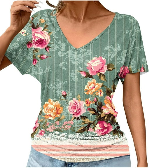 Cavosen Womens Tops Short Sleeve Summer Dolman Sleeve Ruched Dressy Tees Pullover Tunic V Neck Casual Loose Blouse Floral Print Trendy Shirts Resort Comfy Going out T Shirts L