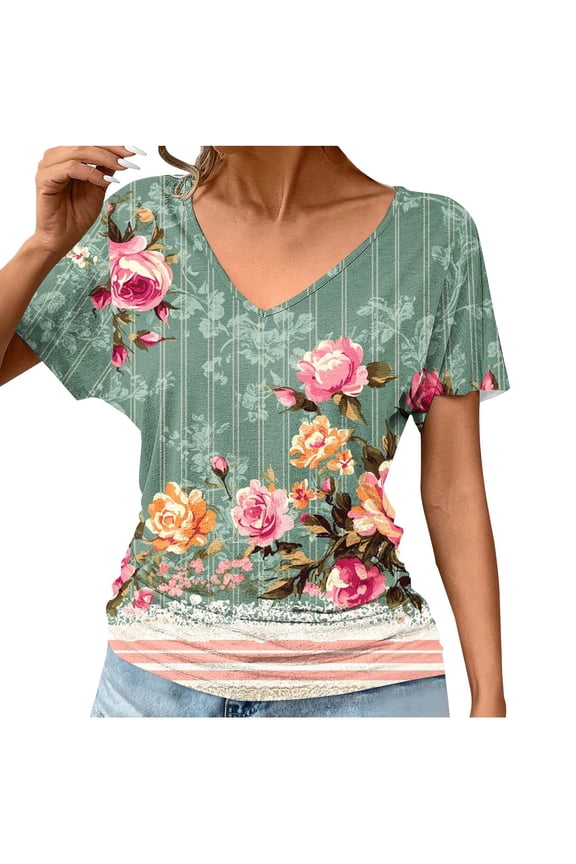 Womens Tops Short Sleeve V Neck Summer Dolman Sleeve Ruched Dressy Tees Pullover Tunic Casual Loose Shirts Floral Print Fashion Blouse Resort Going out T Shirts 2XL