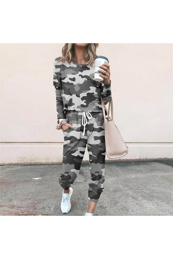 Womens Tracksuits 2 Piece Set Sweatsuit Long Sleeve Shirts Long Pants Tracksuit Outfits with Pocket Drawstring Camo Sports Loungewear Activewear Fall Winter Clothes