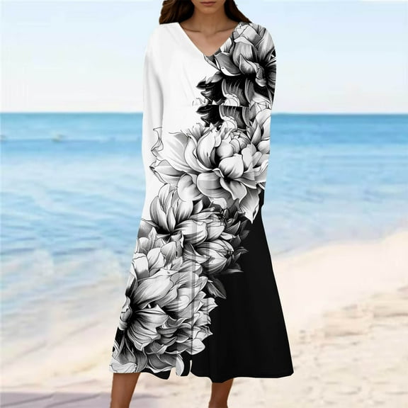 Cavosen Womens Trendy Dress Black Long Sleeve Maxi Dress High Waist V-Neck Calf Length Long Dress Floral Print Casual Trendy Dress Flowy Party Vacation Fall Winter Clothes S