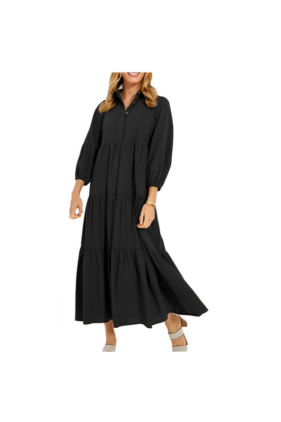 Womens Trendy Dress Black Puff Long Sleeve Maxi Dress Smocked Tiered Collared Calf Length Long Dress Solid Pleated Casual Trendy Dress Vacation Fall Winter Clothes L