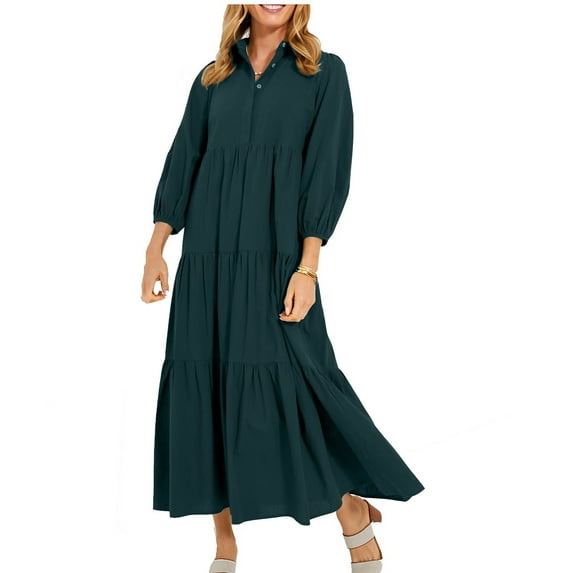 Cavosen Womens Trendy Dress Green Puff Long Sleeve Maxi Dress Smocked Tiered Collared Calf Length Long Dress Solid Pleated Casual Trendy Dress Vacation Fall Winter Clothes S