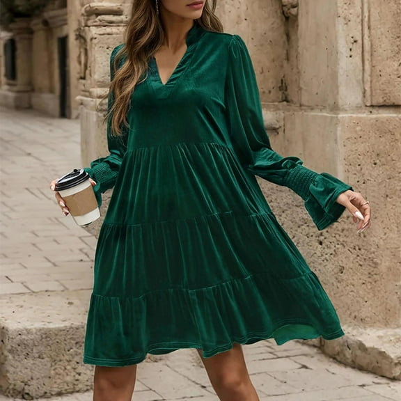 Cavosen Womens Trendy Dress Green Velvet Long Sleeve Mini Dress Cuffed V-Neck Knee Length Short Dress Solid Smocked Tiered Casual Trendy Dress Vacation Fall Winter Clothes XL