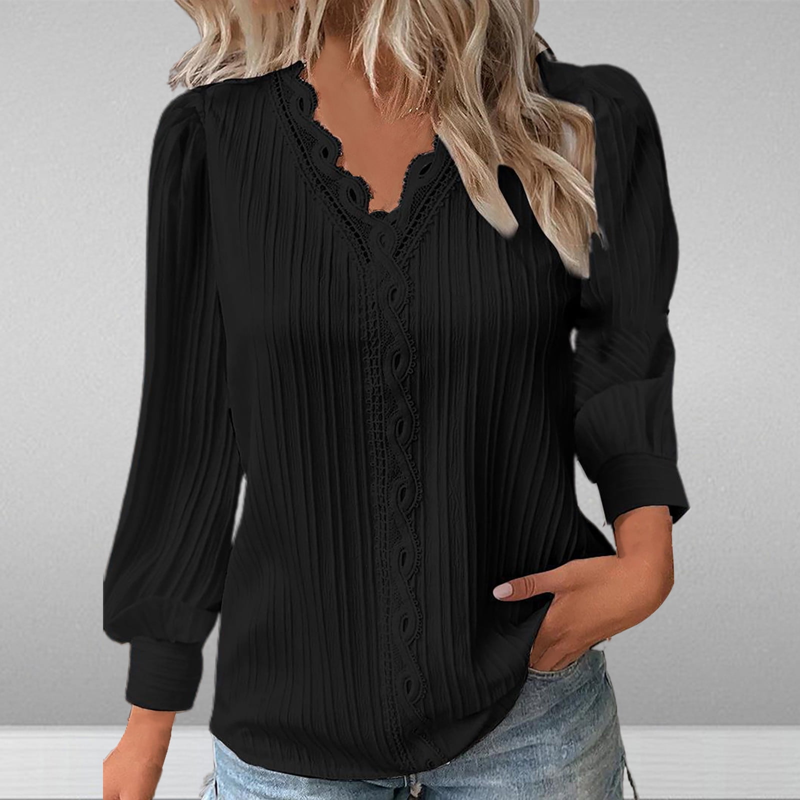 Cavosen Womens Tunic Tops Long Sleeve for Leggings Pullover Shirts V Neck Plain Blouse Dressy Flowy Loose Fit Tees Cuffed Patchwork Wave Textured Fabric Tops Trendy Black L Walmart