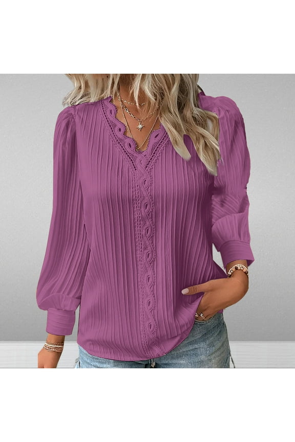 Womens Tunic Tops Long Sleeve for Leggings Pullover Shirts V-Neck Solid Color Blouse Dressy Flowy Loose Fit Tees Cuffed Patchwork Wave Textured Fabric Tops Pink L