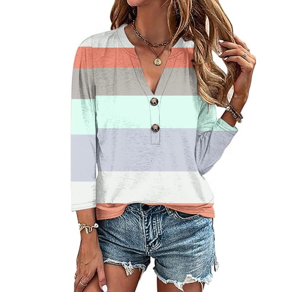 Cavosen Womens Tunic Tops to Wear with Leggings 3/4 Sleeve with Button Pullover Shirts V-Neck Casual Striped Blouse Dressy Flowy Loose Fit Tees Basic Tops Fashion White L