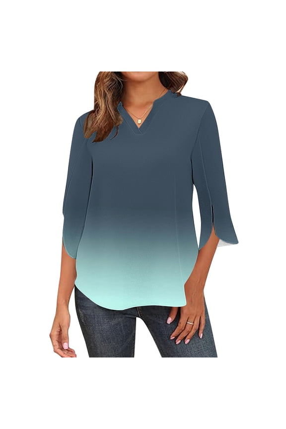 Womens Tunic Tops to Wear with Leggings 3/4 Sleeve Pullover Shirts V-Neck Comfort Gradient Blouse Dressy Flowy Loose Fit Tees Basic Tops Stylish Lightweight Fall Green L