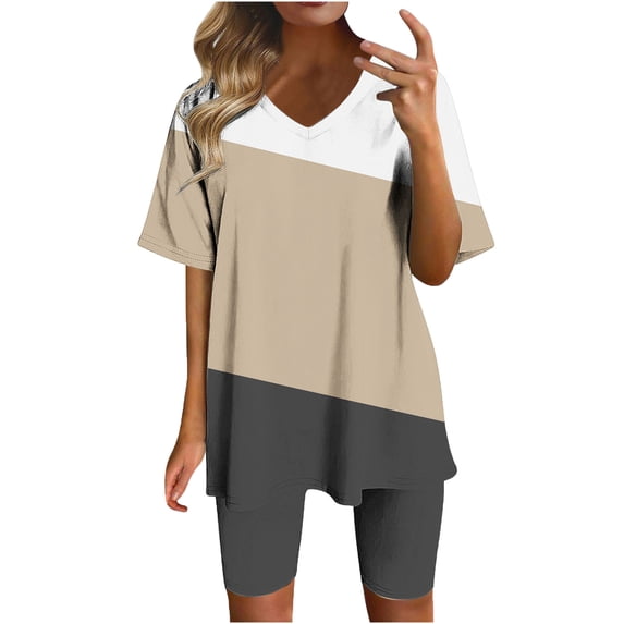 Cavosen Womens Two Piece Outfits Shorts Sets Summer Short Sleeve V Neck Pullover Tops with Legging Striped Biker Beach Outfit Loose Trendy Seamless Workout Resortwear Suit Brown S