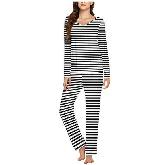 Cavosen Womens Two Piece Pajamas Set 2 Piece Outfit Sets Long Pants Long Sleeve V-Neck Sleepshirts Nightwear Striped Homewear Lightweight Casual Sleepwear Fall Winter Clothes
