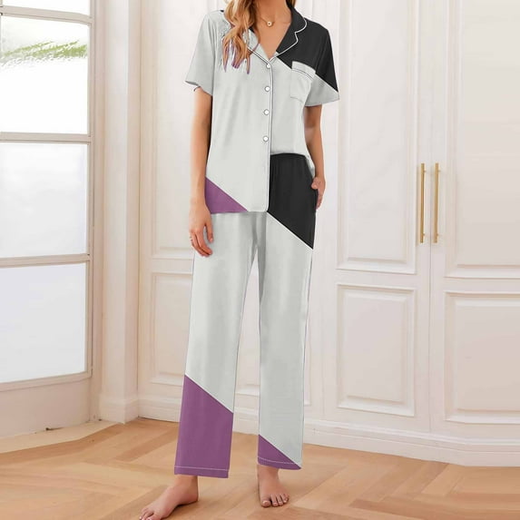 Cavosen Womens Two Piece Pajamas Set Button down Soft Sleepwear Short Sleeve Collared Shirts Long Pants Nightwear Color Block Pjs with Pocket Loose Loungewear Outfits Black S