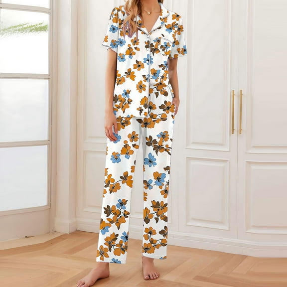 Cavosen Womens Two Piece Pajamas Set Button Up Soft Nightwear Short Sleeve Collar Tops Long Pants Sleepwear Floral Print Pjs with Pocket Loose Loungewear Outfits White 2XL