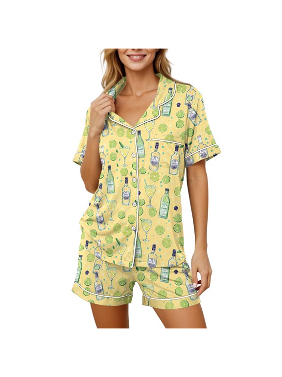 Womens Two Piece Sets Dressy Short Sleeves Lapel Breathable Pajama Set with Pocket Loungewear Beer Print Casual Sleepwear