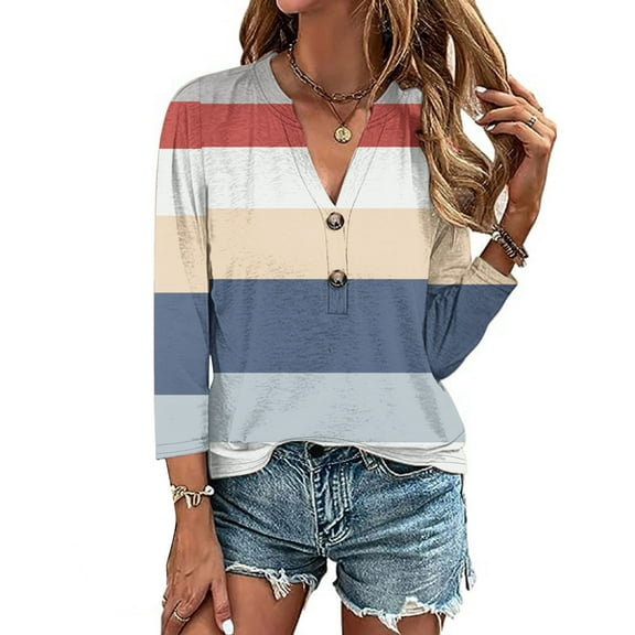 Cavosen Womens V Neck T Shirts 3/4 Sleeve with Button Pullover Tunic Tops Casual Striped Color Block Shirts Dressy Flowy Loose Fit Blouse Basic Tees Fashion Autumn White 4XL