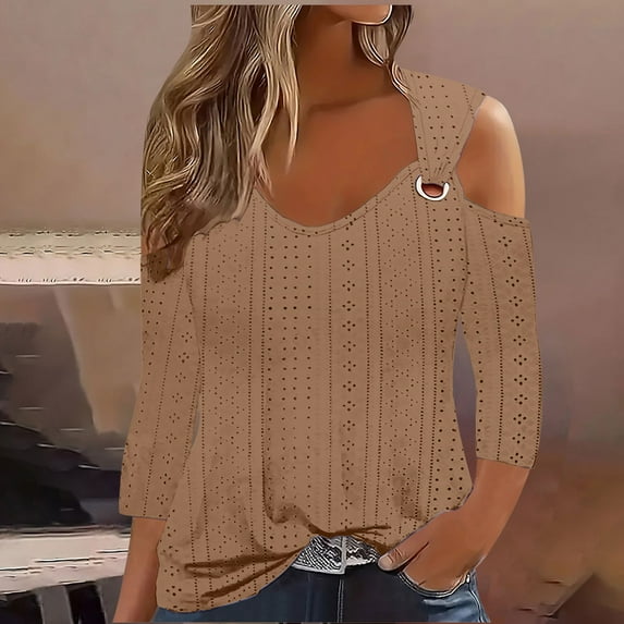 Cavosen Womens V Neck T Shirts 3/4 Sleeve Cold Shoulder Pullover Tops Casual Solid Color Shirts Dressy Flowy Loose Fit Blouse Eyelet Ring Tees Stylish Resortwear Autumn Brown M
