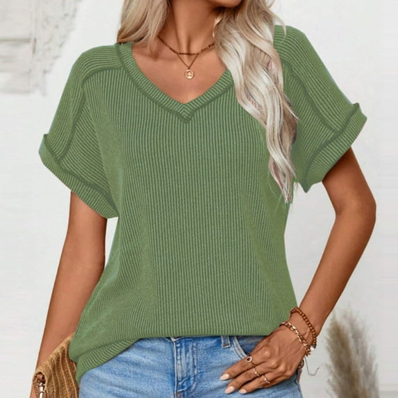Cavosen Womens V Neck Tops Short Sleeve Summer Dressy T Shirts Pullover Tunic Casual Loose Fitted Blouse Solid Fashion Shirts Beach Resortwear Comfy Vacation Flowy Tees Green S