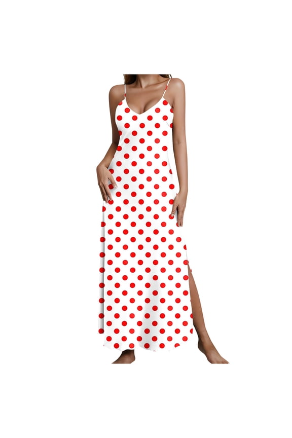 Womens Vacation Dresses Satin Sleeveless V Neck Dress Slit Spaghetti Straps Ladies Maxi Dress Polka Dots Loose Summer Dress