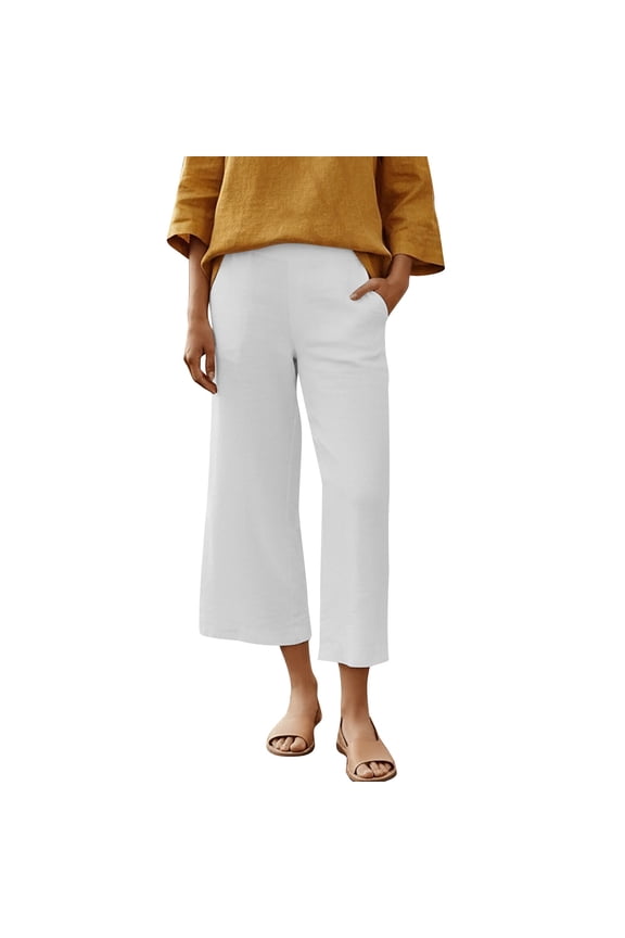 Womens Wide Leg Pants Linen Cropped Pants Flowy Trousers Elastic Waist Summer Breathable Beach Pants