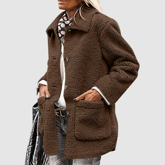 Cavosen Womens Winter Coats and Jackets Fleece Warm Jackets Coats Y2k Long Sleeve Collared Soft Loose Fluffy Outwear Solid Trendy Overcoats Pockets Fall Clothes Brown M