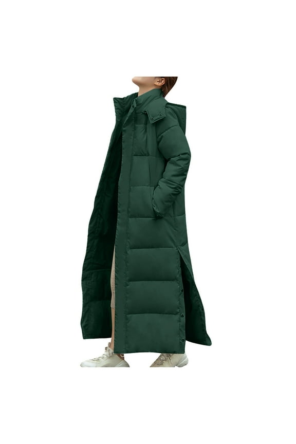 Womens Winter Puffer Coat with Hood Hooded Full Zipper Ankle Length Jacket Quilted Thicken Warm Side Split Zip Long Sleeve Down Jacket Long Coat with Pocket Outwear Green 2XL