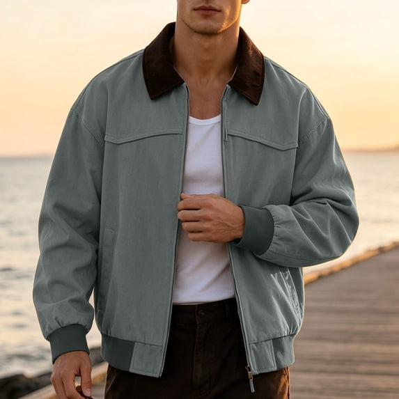 Cavosen Workout Outfit for Men Long Sleeve Lapel Zipper Loose Jacket Color Block Casual Lightweight Fall Outfits