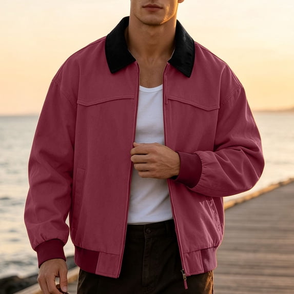 Cavosen Workout Outfit for Men Long Sleeve Lapel Zipper Loose Jacket Color Block Casual Lightweight Fall Outfits