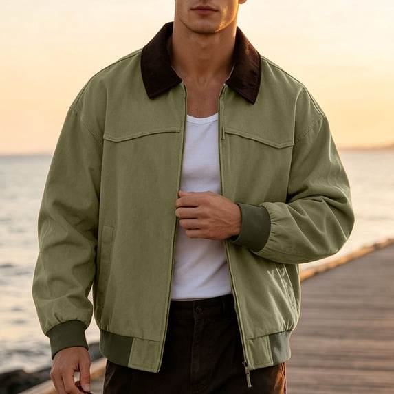 Cavosen Workout Outfit for Men Long Sleeve Lapel Zipper Loose Jacket Color Block Casual Lightweight Fall Outfits