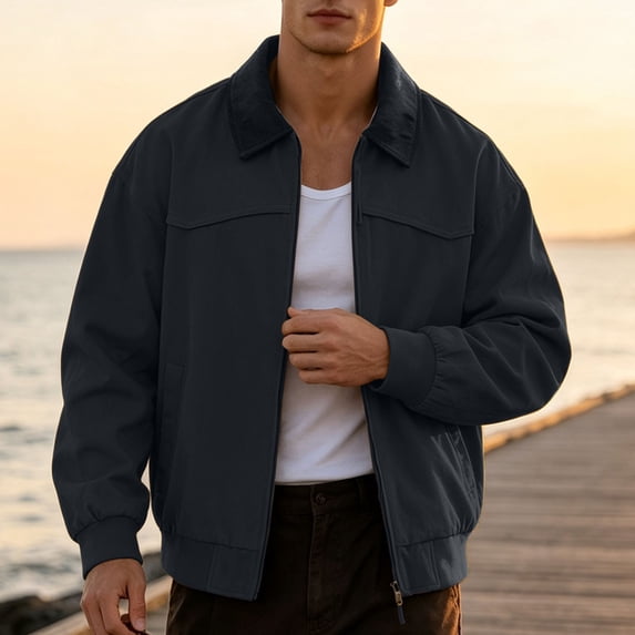 Cavosen Workout Outfit for Men Long Sleeve Lapel Zipper Loose Jacket Color Block Casual Lightweight Fall Outfits