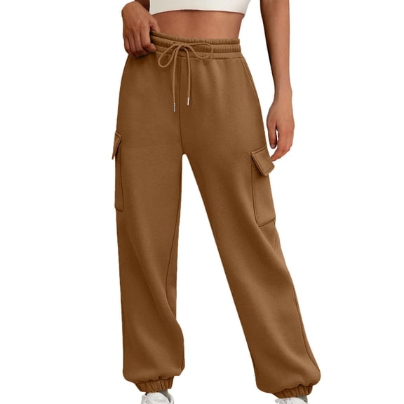 Cavosen Workout Sweatpants Women Trousers Solid Lightweight Drawstring Elastic Waist Sweatpants Cargo Office Pants with Pocket Brown XL