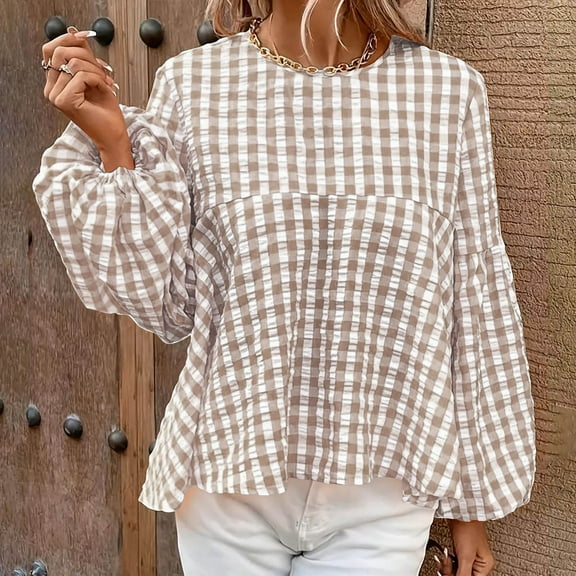 Cavosen Workout Tops for Women Long Sleeve Lantern Pullover Shirts Crewneck Comfort Plaid Blouse Dressy Flowy Loose Fit Tees Basic Tops Novelty Resortwear Autumn Beige XL